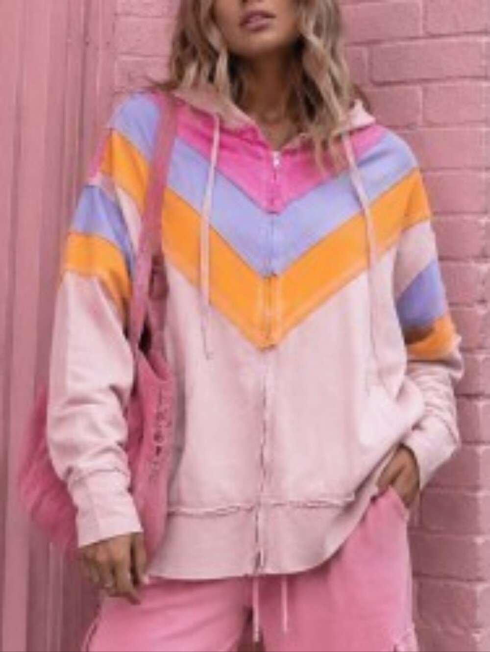 Women's Pink Chevron-Stripe Hoodie - Casual Pullover Sweatshirt